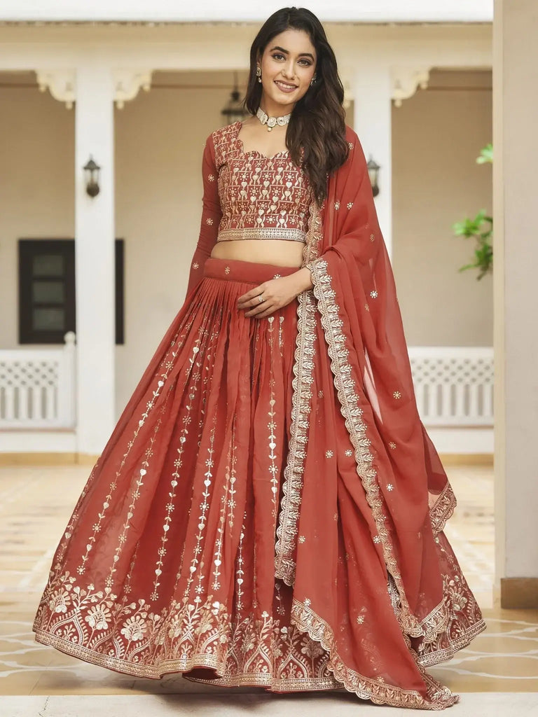 Glamorous Coral Red Sequins Georgette Wedding Wear Lehenga Choli - Ethnic Plus In