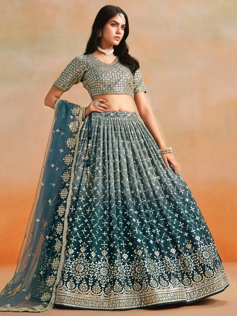 Glamorous Dove Blue Sequins Embroidered Georgette Lehenga Choli - Ethnic Plus In
