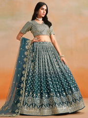 Glamorous Dove Blue Sequins Embroidered Georgette Lehenga Choli - Ethnic Plus In