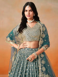 Glamorous Dove Blue Sequins Embroidered Georgette Lehenga Choli - Ethnic Plus In