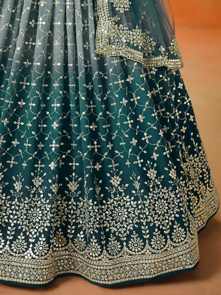 Glamorous Dove Blue Sequins Embroidered Georgette Lehenga Choli - Ethnic Plus In