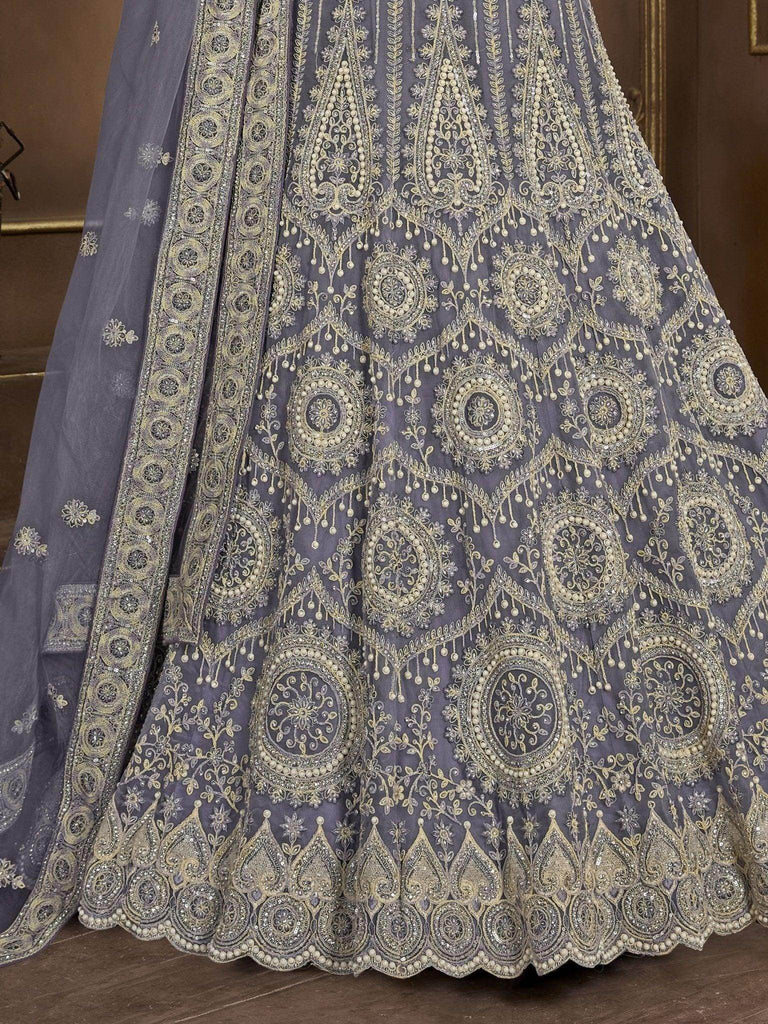 Glamorous Dusty Blue Embroidered Net Designer Lehenga Choli - Ethnic Plus In