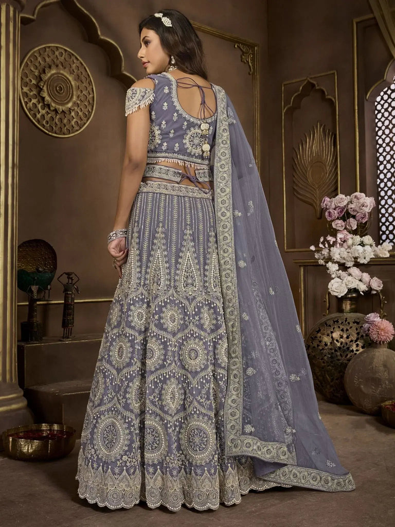 Glamorous Dusty Blue Embroidered Net Designer Lehenga Choli - Ethnic Plus In