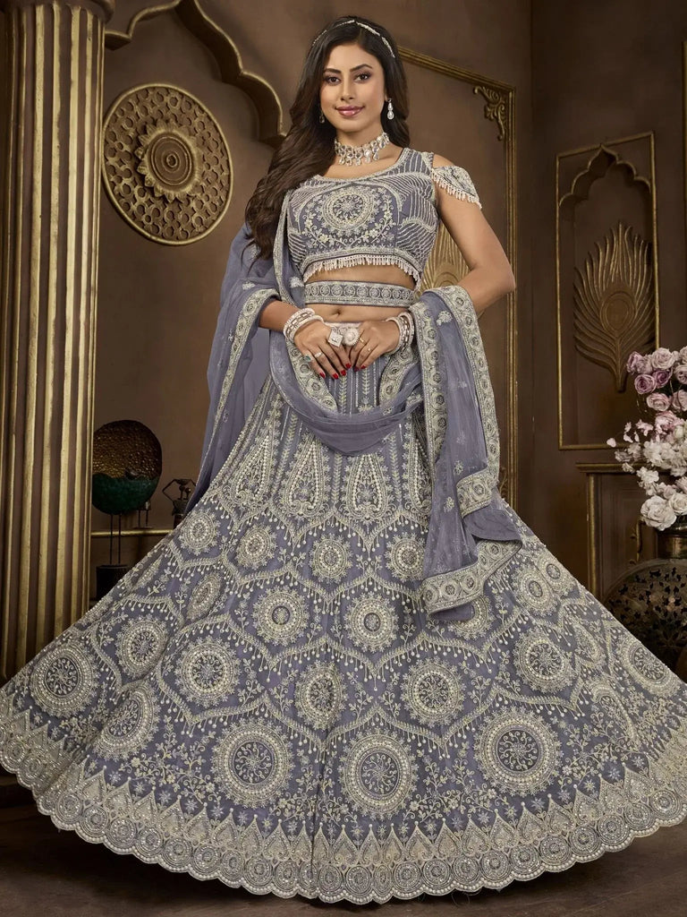 Glamorous Dusty Blue Embroidered Net Designer Lehenga Choli - Ethnic Plus In