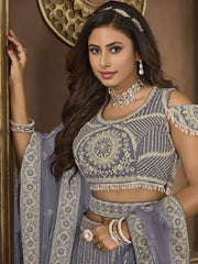 Glamorous Dusty Blue Embroidered Net Designer Lehenga Choli - Ethnic Plus In