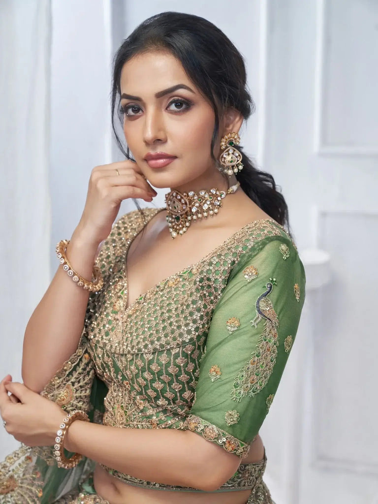 Glamorous Green Embroidered Net Mehendi Wear Lehenga Choli - Ethnic Plus In