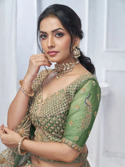 Glamorous Green Embroidered Net Mehendi Wear Lehenga Choli - Ethnic Plus In