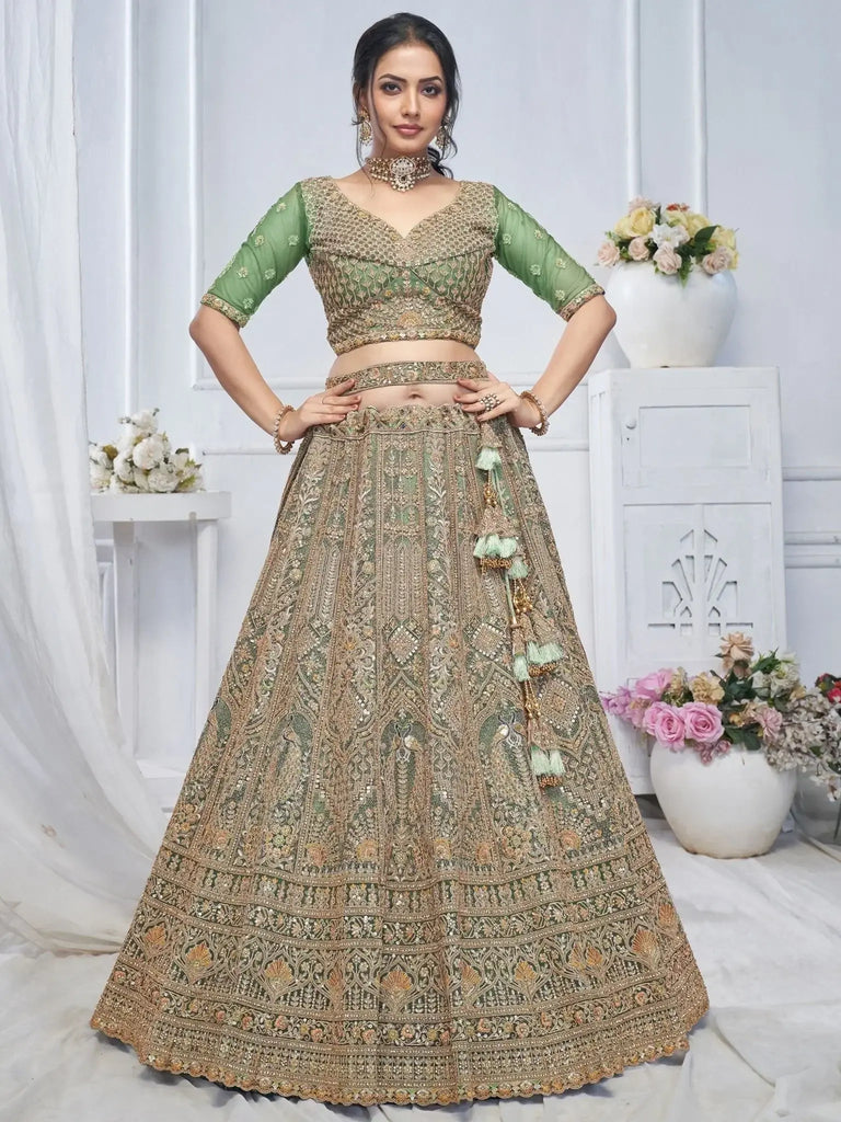 Glamorous Green Embroidered Net Mehendi Wear Lehenga Choli - Ethnic Plus In