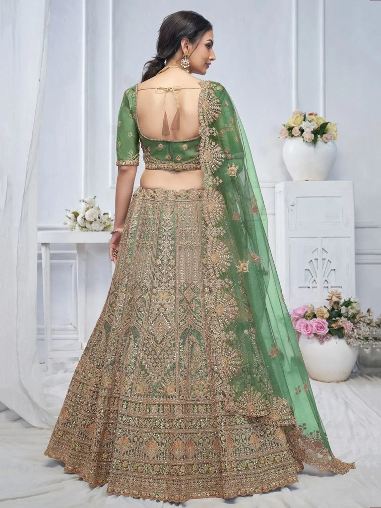 Glamorous Green Embroidered Net Mehendi Wear Lehenga Choli - Ethnic Plus In