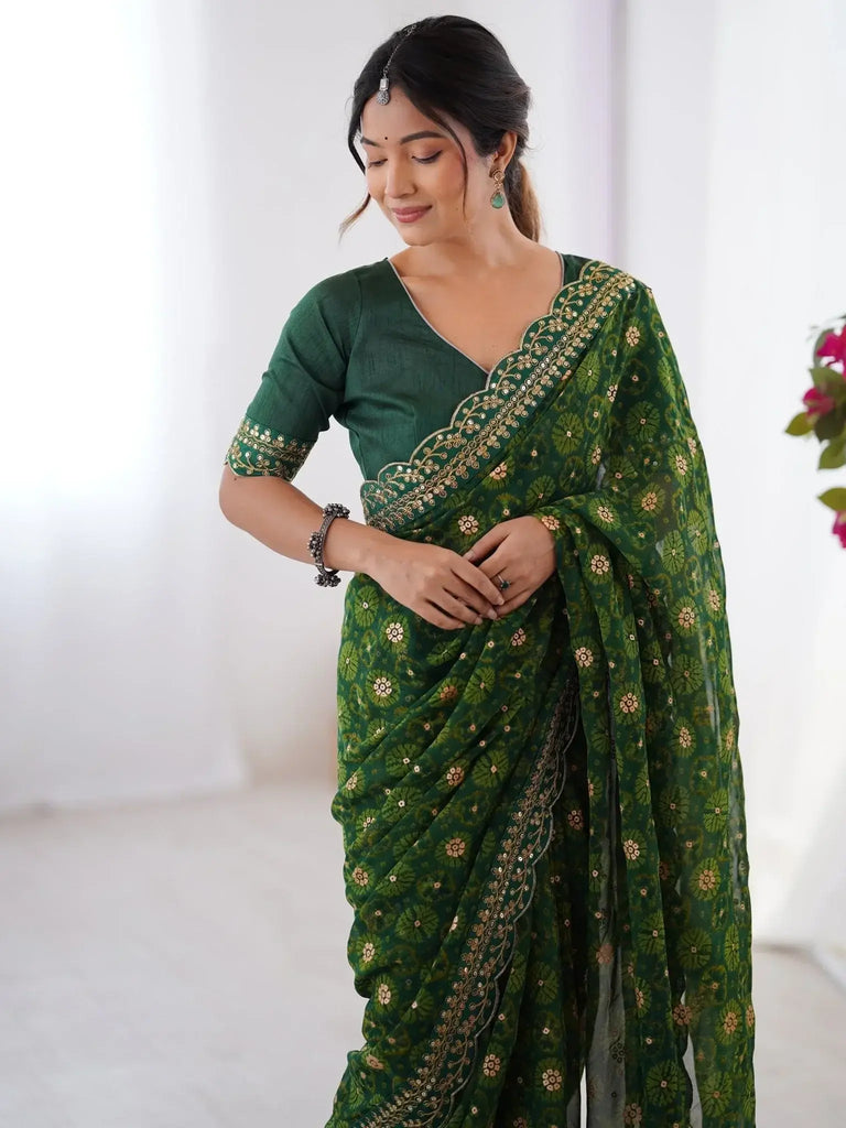 Glamorous Green Georgette Digital Printed Designer Saree With Blouse - Ethnic Plus In