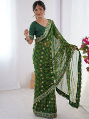 Glamorous Green Georgette Digital Printed Designer Saree With Blouse - Ethnic Plus In