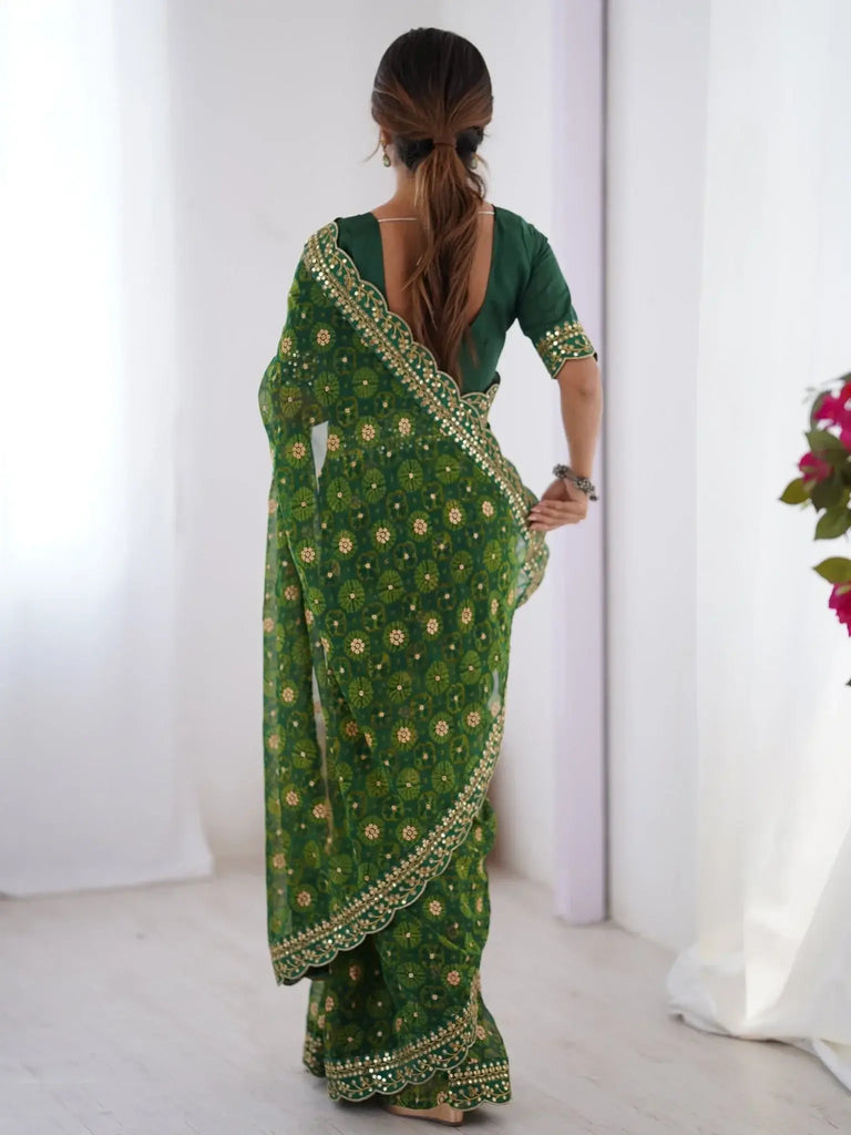 Glamorous Green Georgette Digital Printed Designer Saree With Blouse - Ethnic Plus In