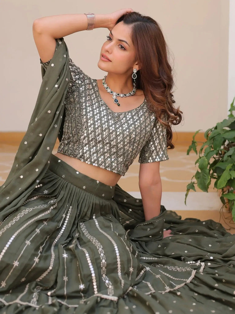 Glamorous Green Sequins Georgette Mehendi Wear Lehenga Choli - Ethnic Plus In