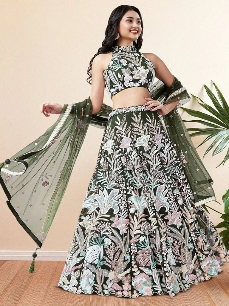 Glamorous Green Sequins Net Designer Lehenga Choli With Dupatta - Ethnic Plus In