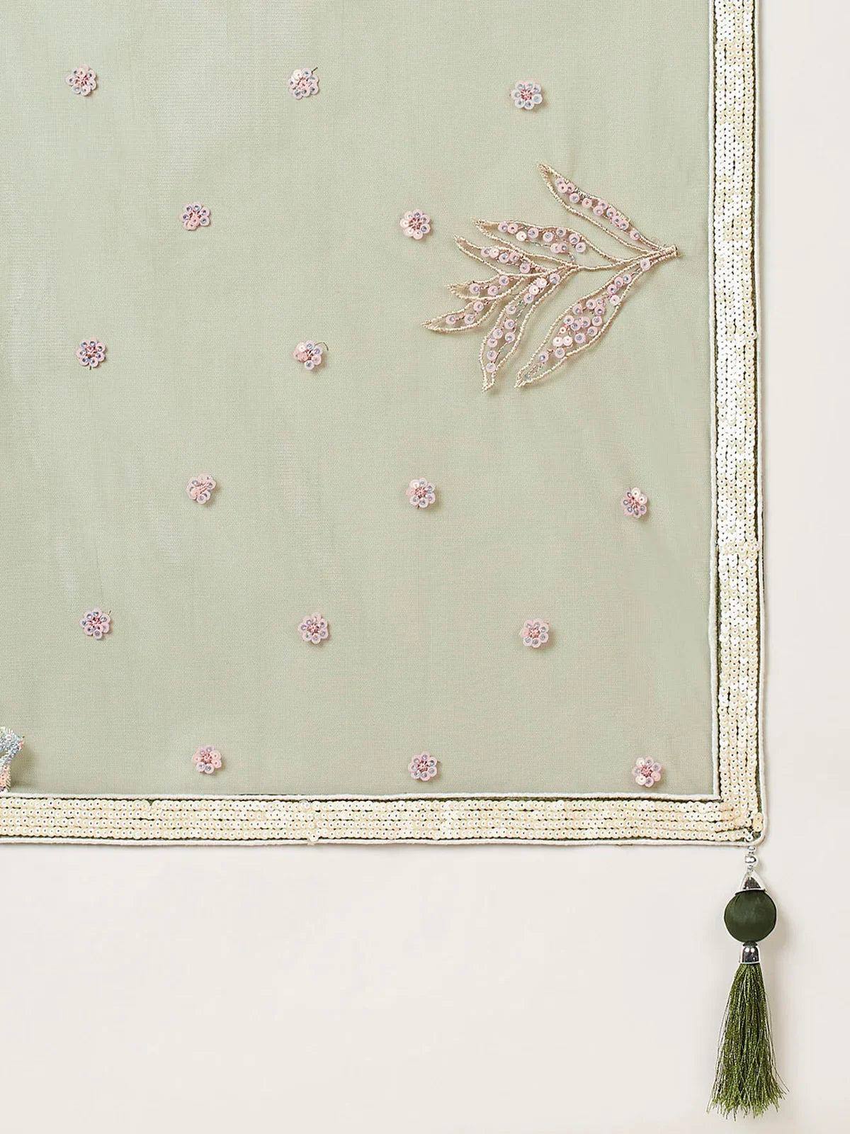 Mint green ethnic dupatta with floral sequin embroidery, leaf motif, and tassel border