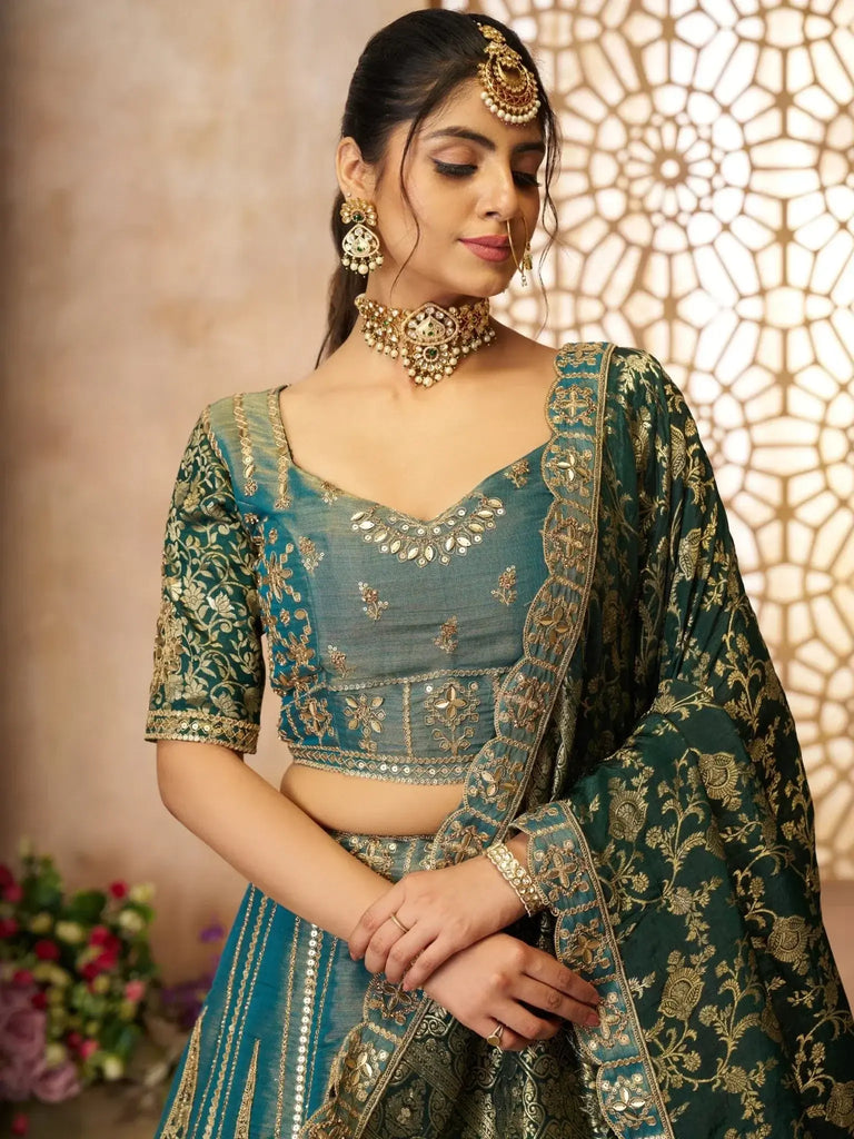 Glamorous Green Sequins Tissue Silk Wedding Wear Lehenga Choli - Ethnic Plus In