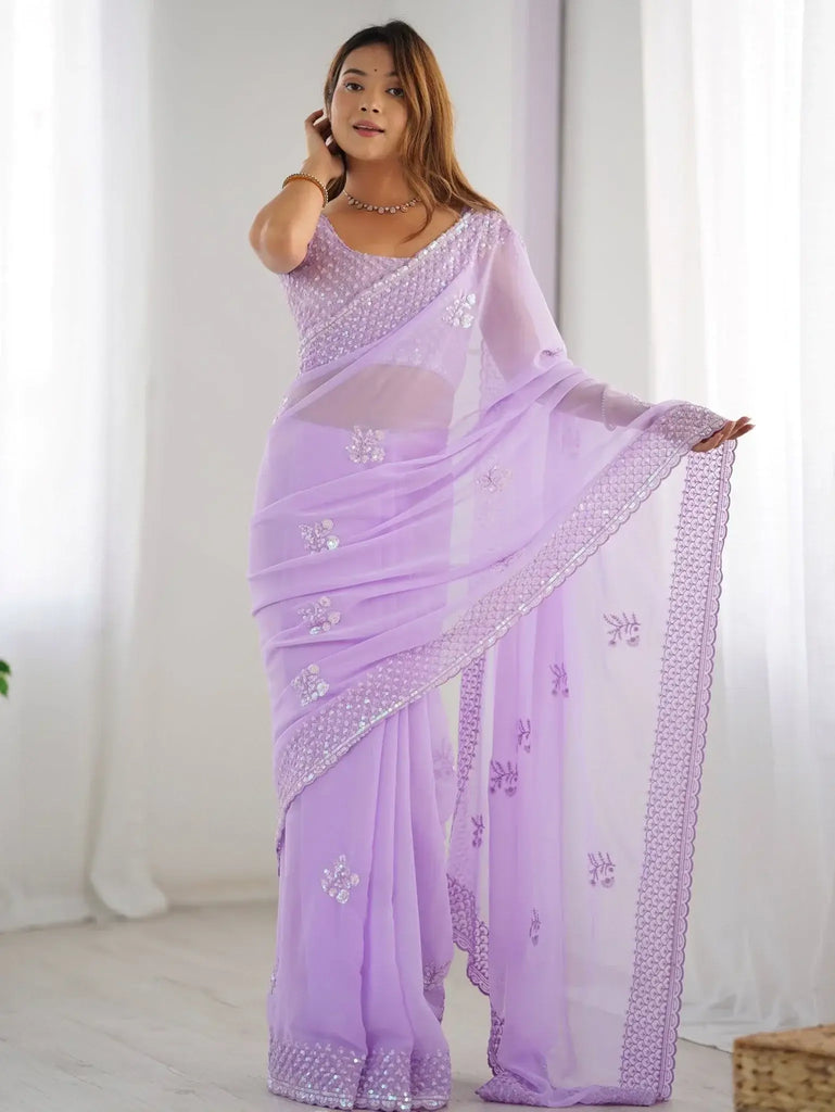 Glamorous Lavender Sequins Georgette Party Wear Saree With Blouse - Ethnic Plus In