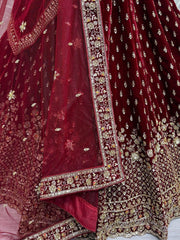 Glamorous Maroon Velvet Bridal Lehenga Choli With Double Dupatta - Ethnic Plus In