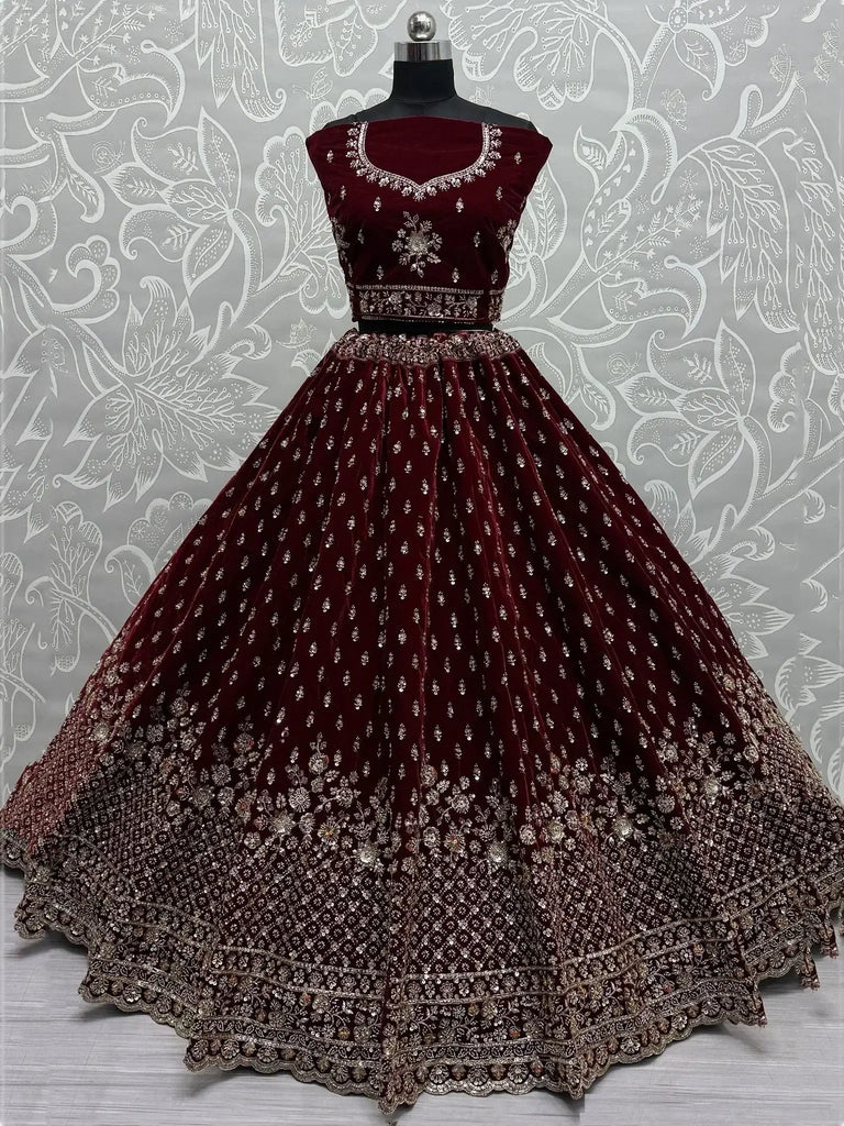 Glamorous Maroon Velvet Bridal Lehenga Choli With Double Dupatta - Ethnic Plus In