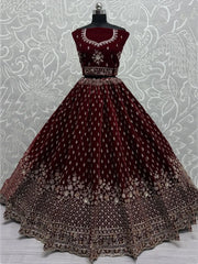 Glamorous Maroon Velvet Bridal Lehenga Choli With Double Dupatta - Ethnic Plus In