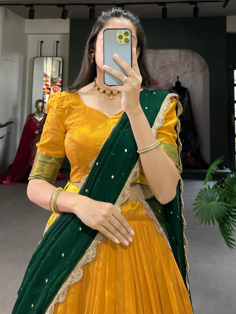 Glamorous Mustard Yellow Floral Embroidered Cotton Half Saree Lehenga - Ethnic Plus In
