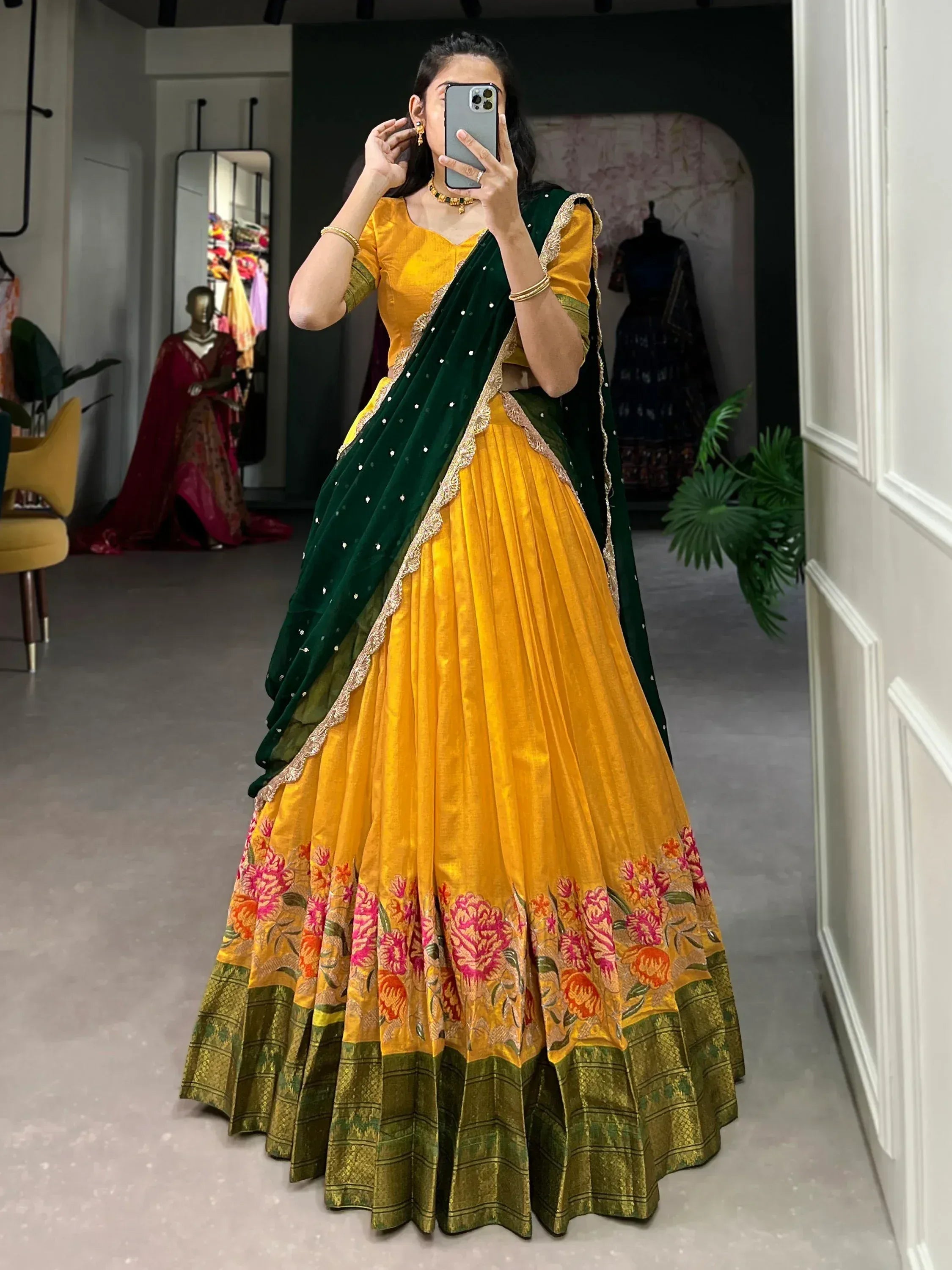 Yellow floral lehenga choli with green velvet dupatta, Indian ethnic wear for women