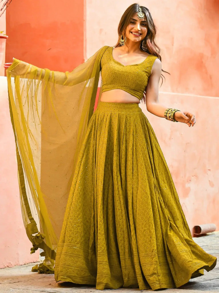 Glamorous Mustard Yellow Sequins Lehenga Choli With Net Dupatta - Ethnic Plus In