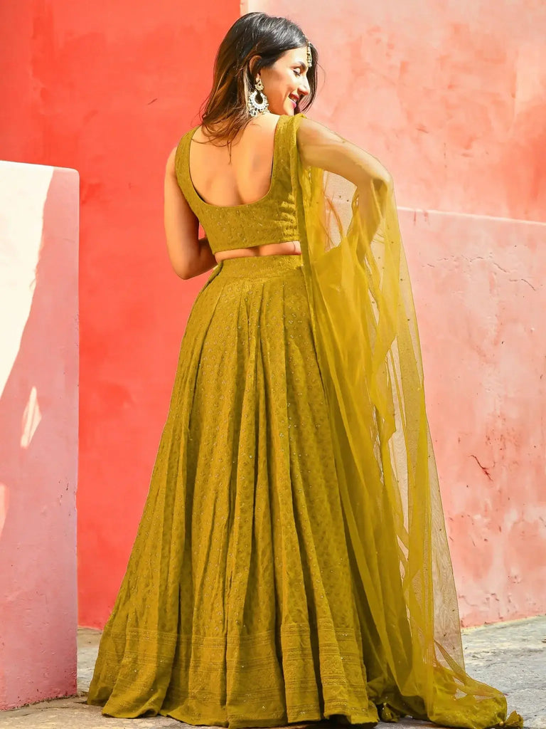 Glamorous Mustard Yellow Sequins Lehenga Choli With Net Dupatta - Ethnic Plus In