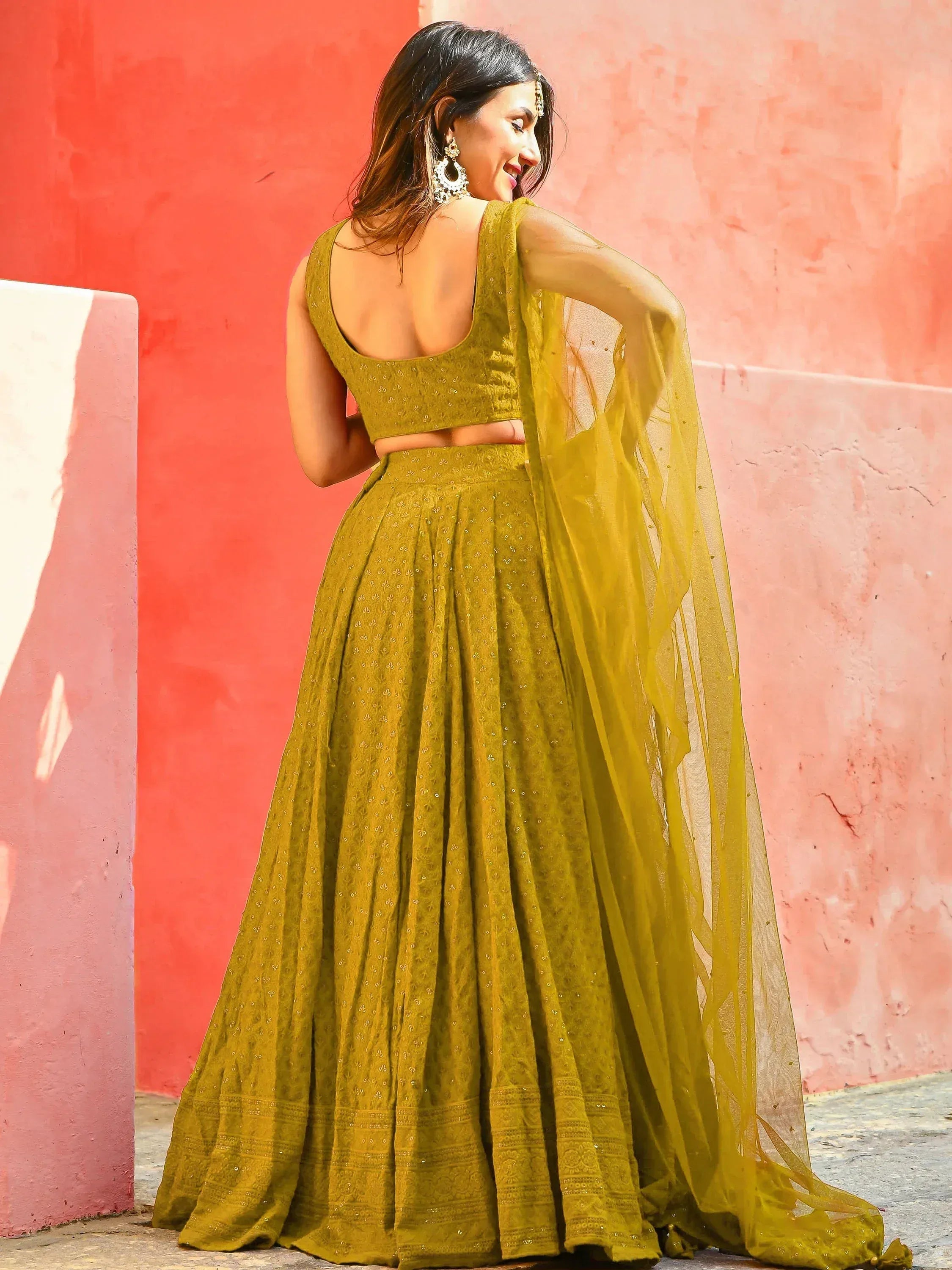 Olive green designer lehenga choli with sheer dupatta, ethnic wear for women