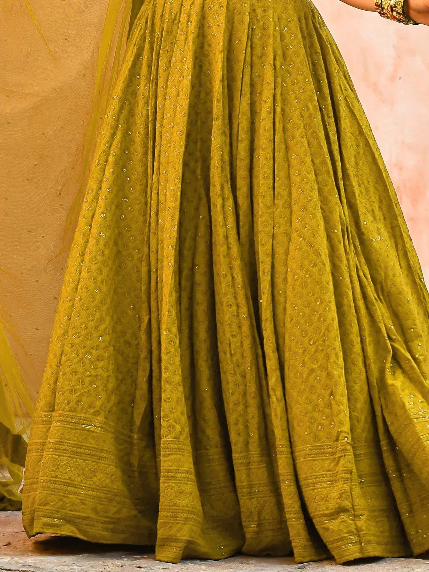 Olive green embroidered lehenga skirt with sequin detailing and border, Indian ethnic wear