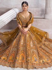 Glamorous Mustard Yellow Thread Work Banarasi Silk Lehenga Choli With Dupatta - Ethnic Plus In