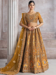 Glamorous Mustard Yellow Thread Work Banarasi Silk Lehenga Choli With Dupatta - Ethnic Plus In
