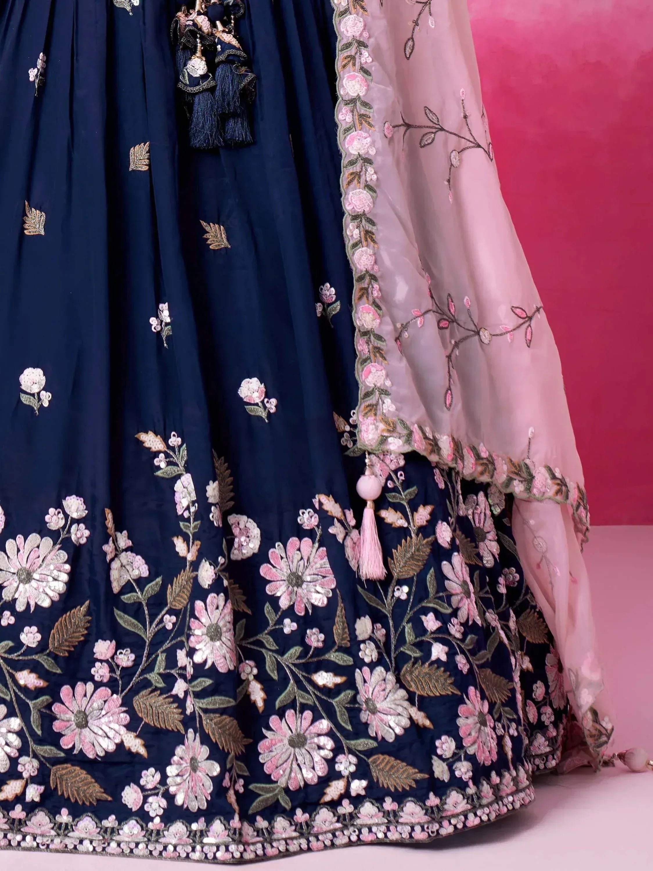 Navy blue lehenga with pink floral embroidery and matching dupatta, Indian ethnic wear