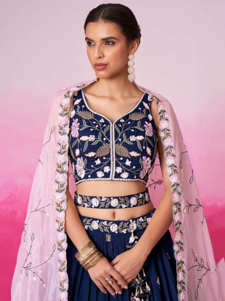 Glamorous Navy Blue Embroidered Satin Engagement Wear Lehenga Choli - Ethnic Plus In
