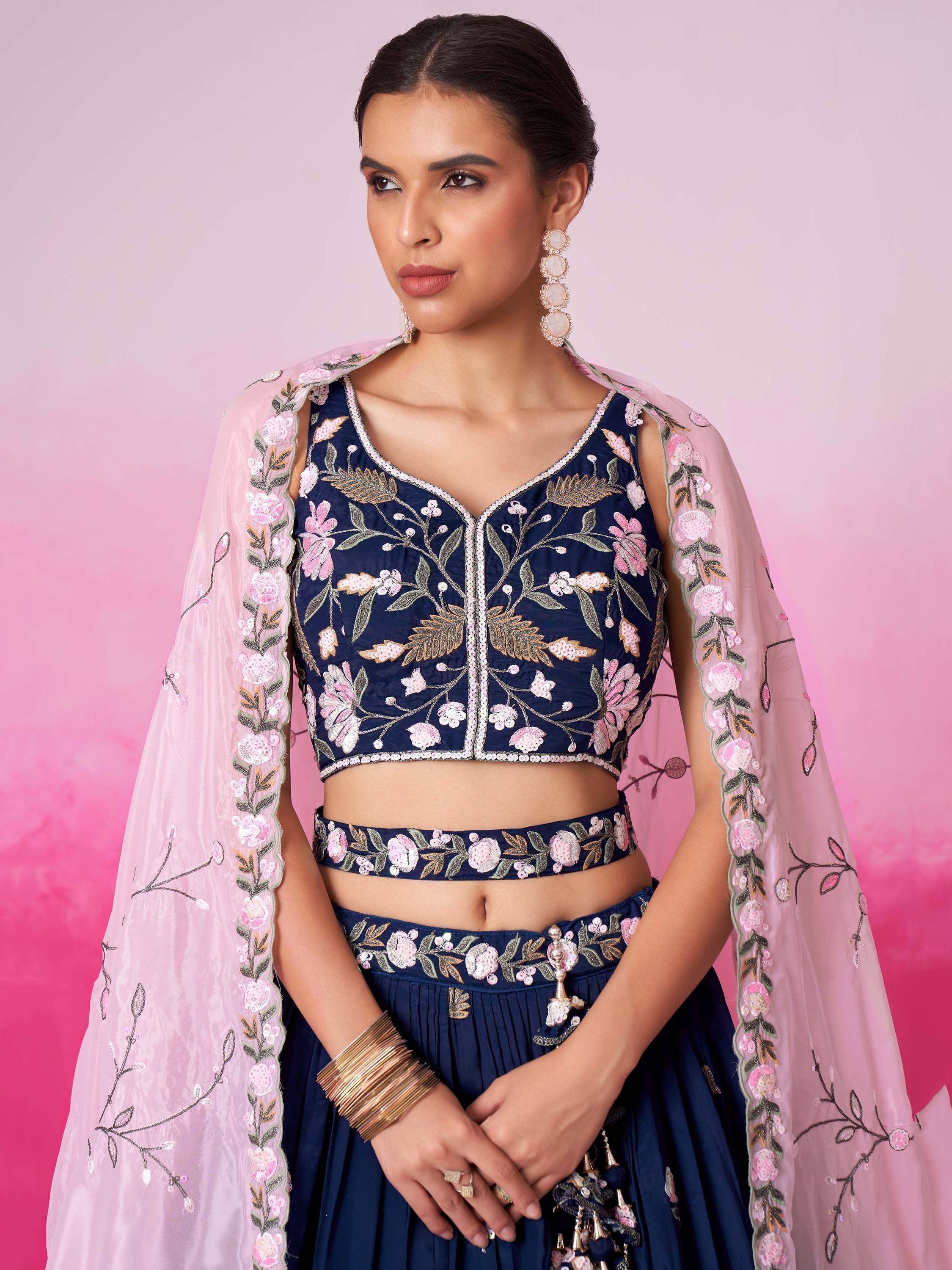 Navy blue embroidered lehenga choli with pink floral dupatta, Indian ethnic wear for women