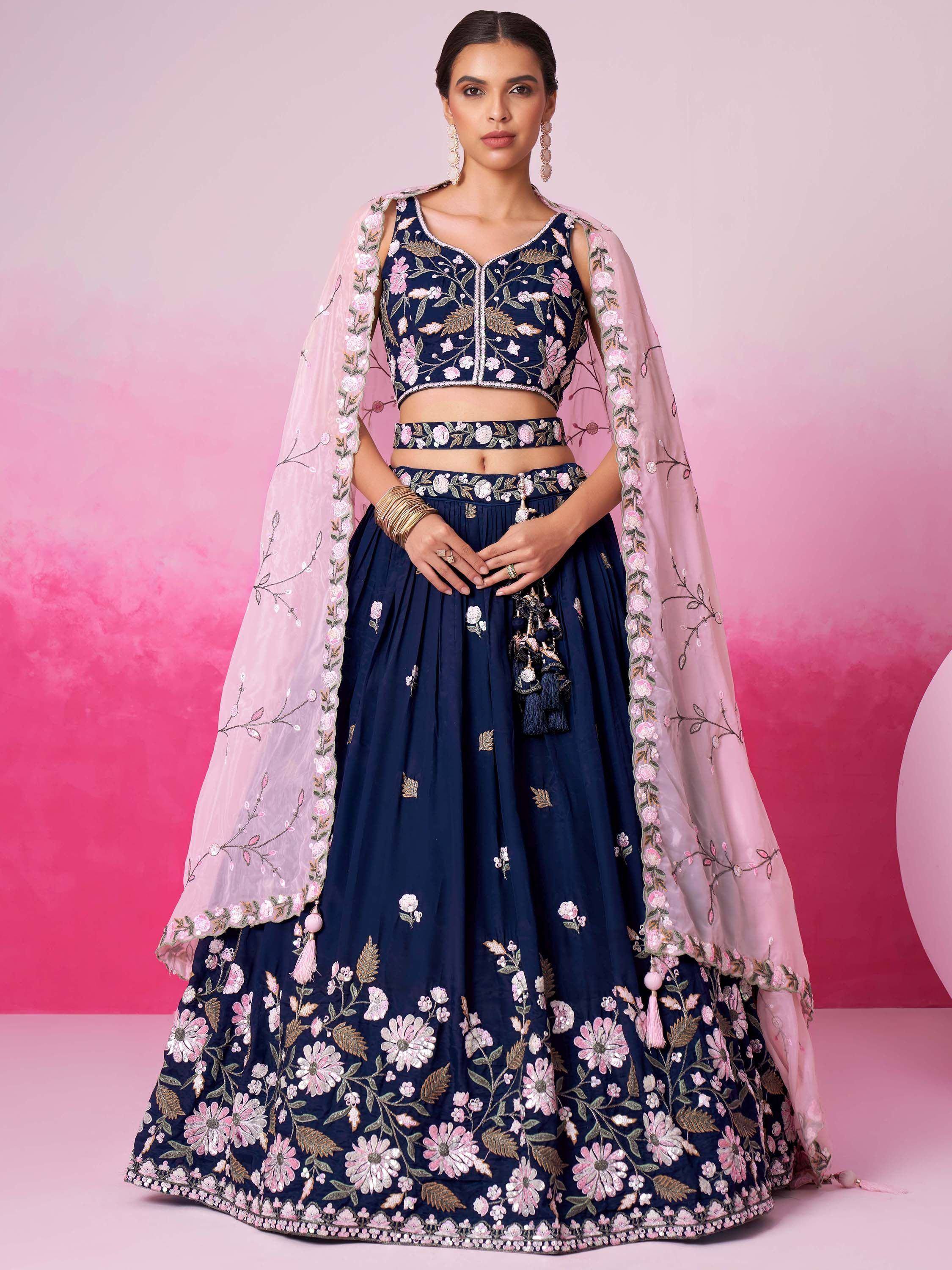 Navy blue floral embroidered lehenga choli with pink dupatta, Indian ethnic wear for weddings and parties