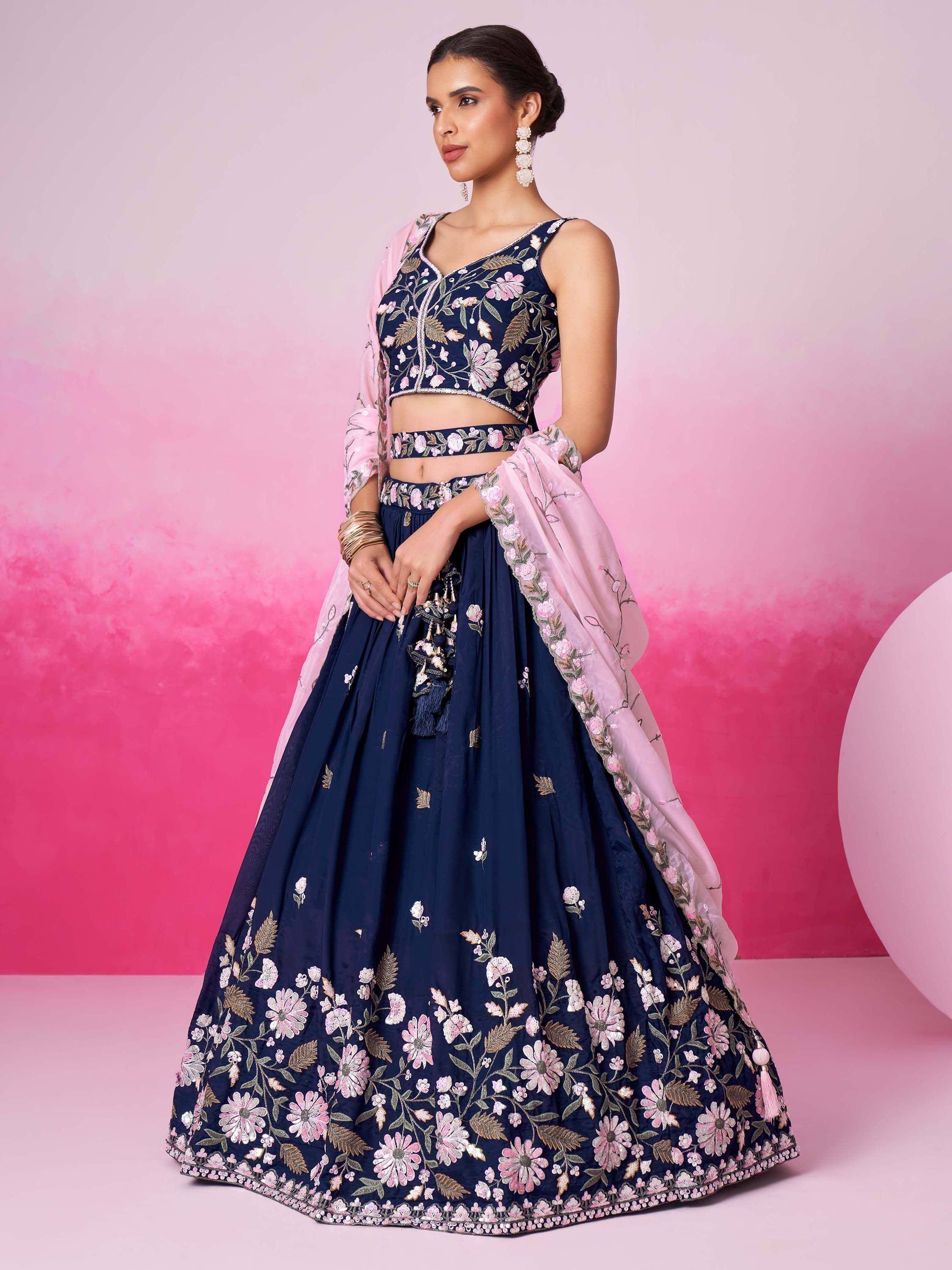 Navy blue floral embroidered lehenga choli with pink dupatta, Indian ethnic wear for weddings
