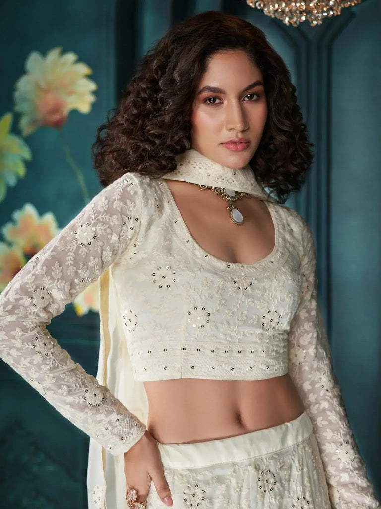Glamorous Off - White Embroidered Georgette Wedding Wear Lehenga Choli - Ethnic Plus In