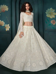 Glamorous Off - White Embroidered Georgette Wedding Wear Lehenga Choli - Ethnic Plus In