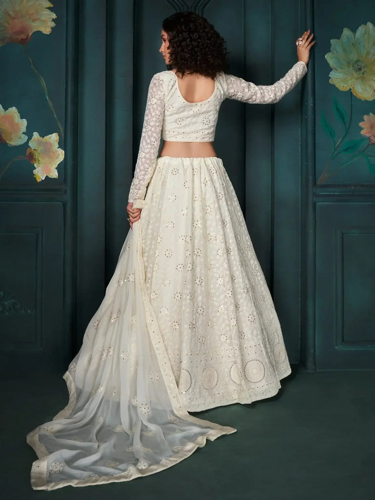 Glamorous Off - White Embroidered Georgette Wedding Wear Lehenga Choli - Ethnic Plus In