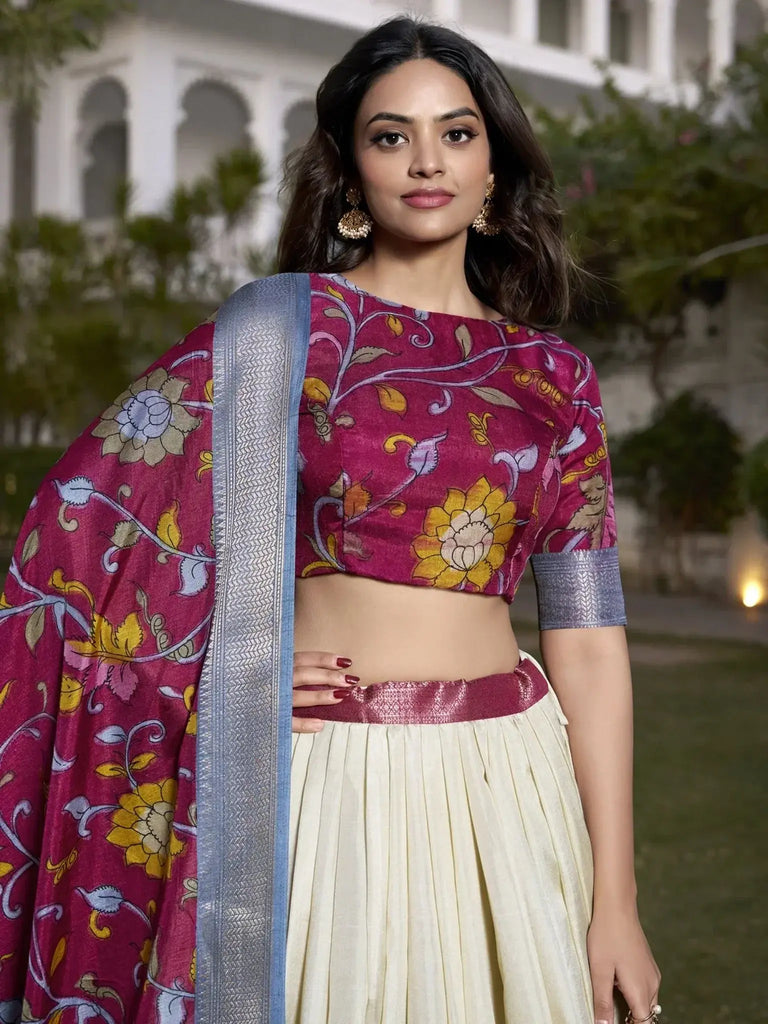 Glamorous Off - White Kalamkari Printed Silk Festival Wear Lehenga Choli - Ethnic Plus In