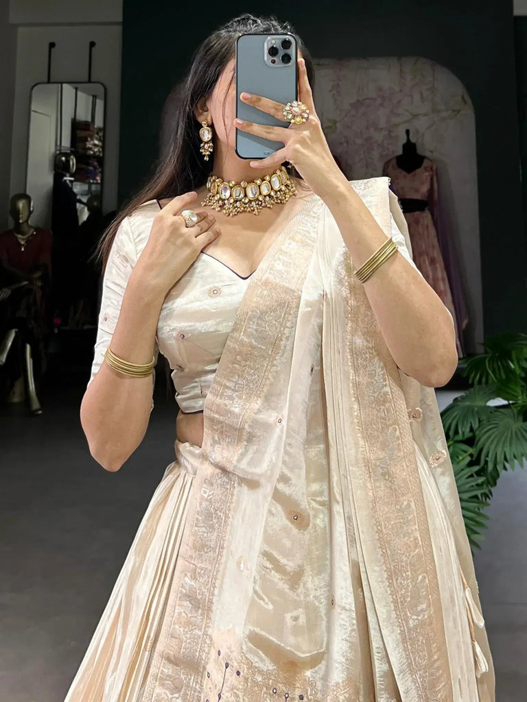 Glamorous Off - White Weaving Silk Traditional Lehenga Choli With Dupatta - Ethnic Plus In