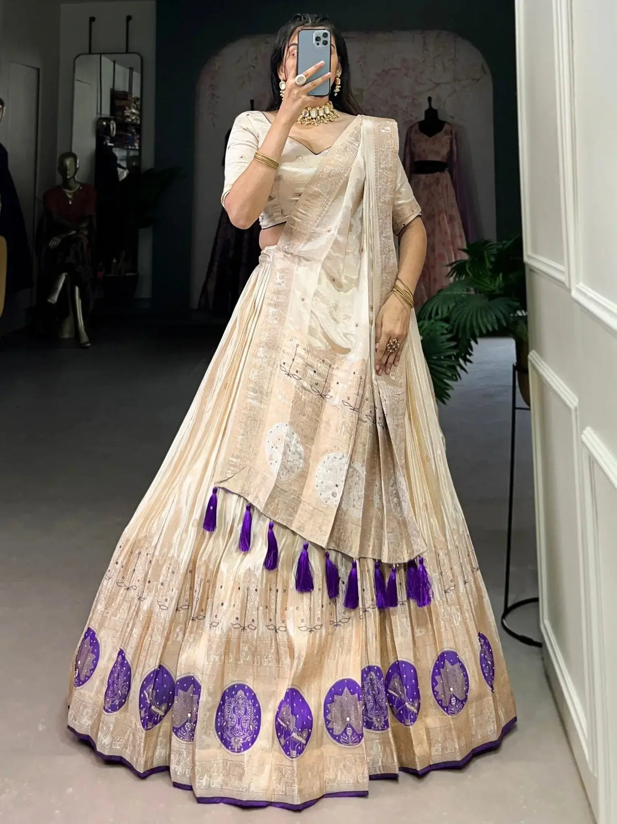 Glamorous Off - White Weaving Silk Traditional Lehenga Choli With Dupatta - Ethnic Plus In