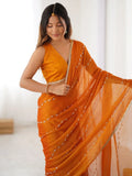 Glamorous Orange Sequins Sangeet Wear Saree With Blouse - Ethnic Plus In