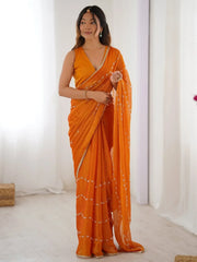 Glamorous Orange Sequins Sangeet Wear Saree With Blouse - Ethnic Plus In