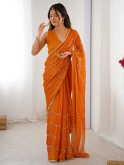 Glamorous Orange Sequins Sangeet Wear Saree With Blouse - Ethnic Plus In