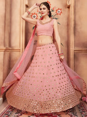 Glamorous Peach Mirror Work Georgette Engagement Wear Lehenga Choli - Ethnic Plus In