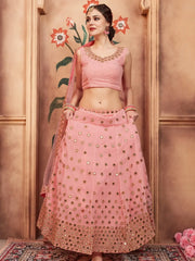 Glamorous Peach Mirror Work Georgette Engagement Wear Lehenga Choli - Ethnic Plus In