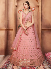 Glamorous Peach Mirror Work Georgette Engagement Wear Lehenga Choli - Ethnic Plus In