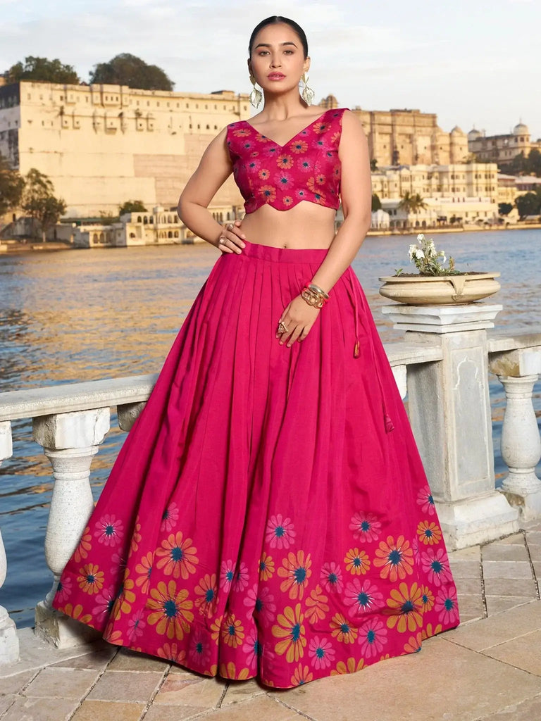 Glamorous Pink Floral Printed Tussar Silk Sangeet Wear Lehenga Choli - Ethnic Plus In